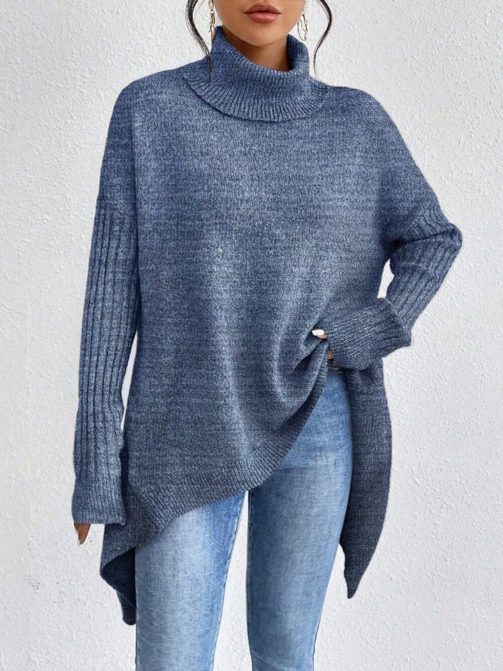 Blue Casual Women's Sleeve Turtleneck Asymmetrical Hem Drop Shoulder Sweater - Picture 4 of 6